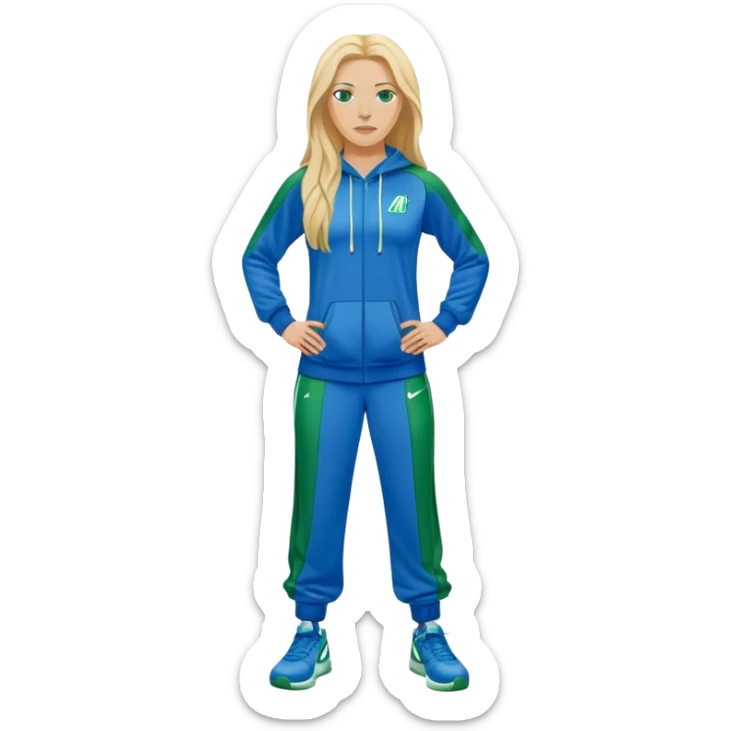 Full Body white female basketball head coach with long blonde hair in a blue and green Nike sweatsuit sticker