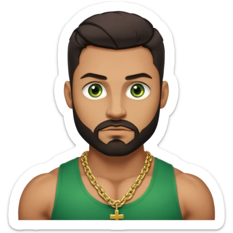 green eyes, dark short hair, muscular shoulders, wide cross, gold chain, big lips big nose big eyes, masculine good looking, dark beard sticker