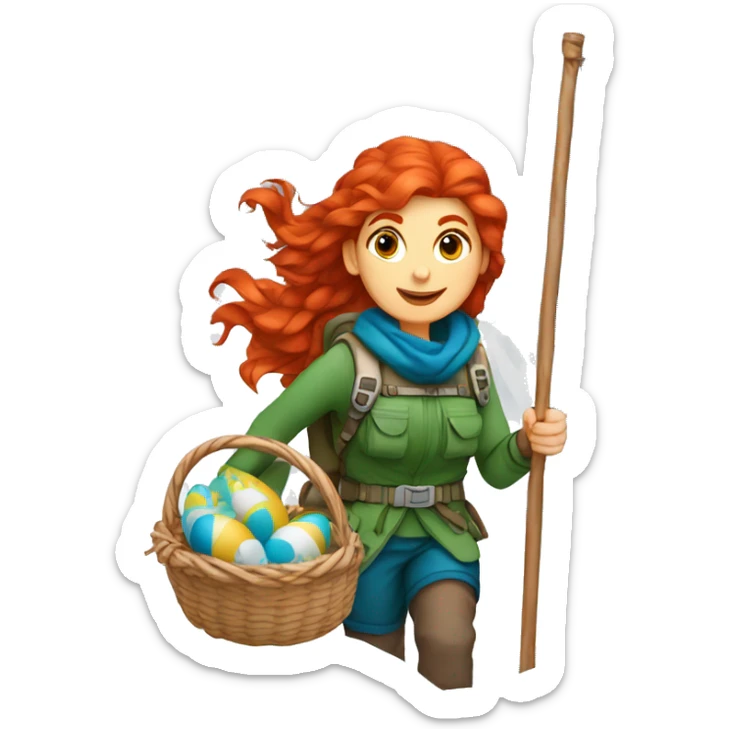 red hair female winter mountaineer climbing with Easter basket and Greek flag sticker