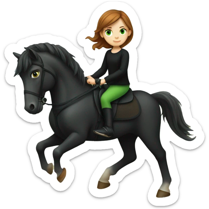 A pale little girl with brown hair, green eyes, orange pants and a black shirt riding a black horse  sticker