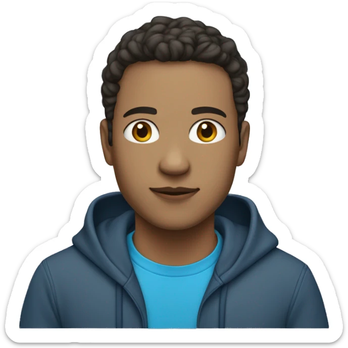 guy in blue hoodie. light natural skin colour. hoodie is up. shirt is blue. sticker