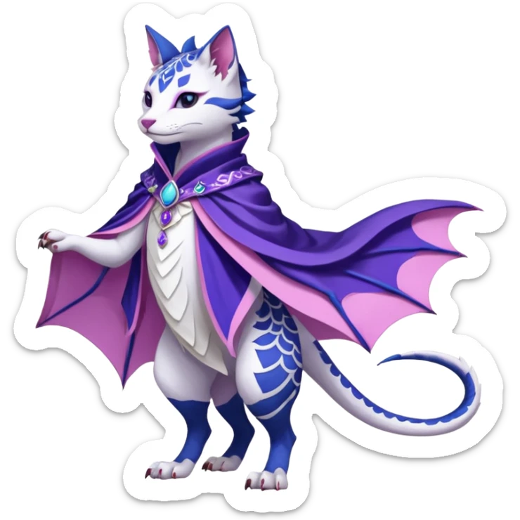Kawaii white, indigo, purple, pink cute beautiful pretty elegant divine edgy feline-vernid-sergal-Haku-dragon-fursona-animal-creature, full body, with intricate detailed markings, Embroidered capelet, silken shawl sticker