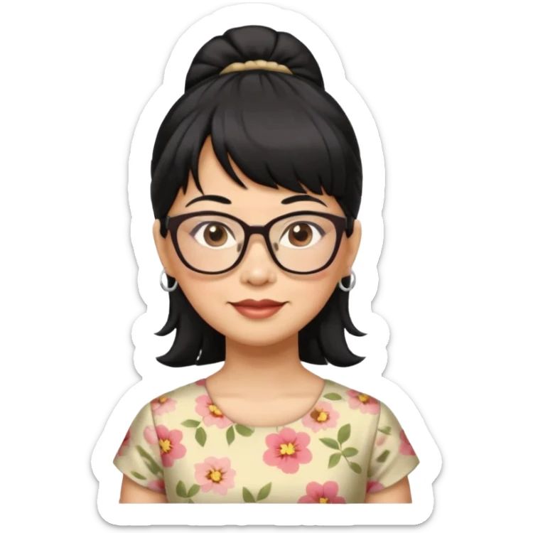 filipino woman black hair in one pony tail with straight bangs and big glasses, 60 yr old, nice dress

 sticker