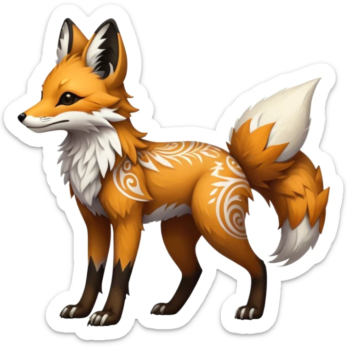 Epic Feral Rare Fantasy shiny cool fluffy Vernid-Trico-Fox-species-hybrid-animal by LiLaiRa, tribal-Art-tattoo-patterns , tufted ears, full body sticker