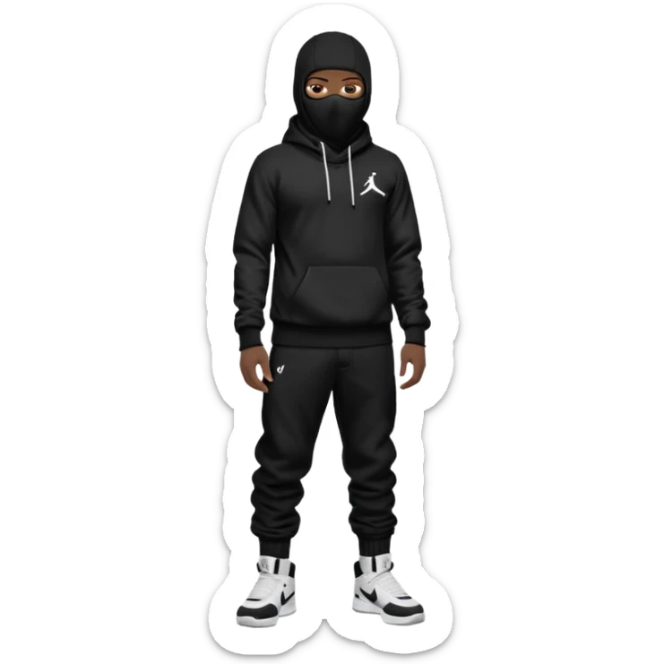 a Black individual wearing a ski mask or balaclava. Pose the Black individual standing like a 'YN', wearing black Nike tech pants sagging and Air Jordan 4 Retro White Tgunders. Keep the hood up and style realistic. Remove the background. The style should be realistic and detailed. sticker