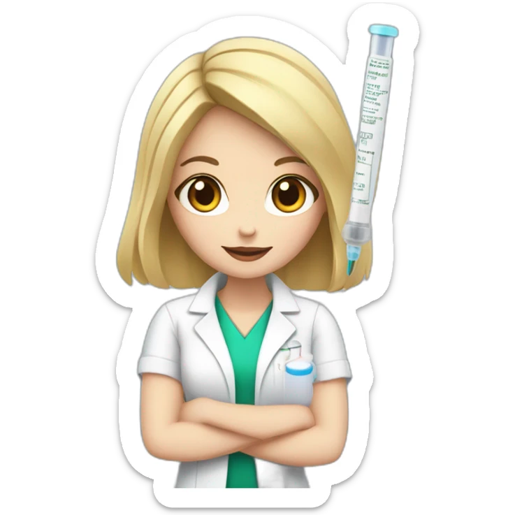 A white girl with black hair, a pharmacist with a medicine syringe in her hand sticker
