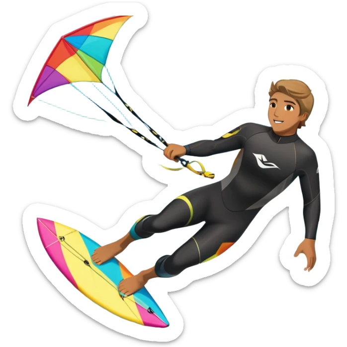 A kite surfer gliding across the ocean, with a colorful kite soaring high in the sky and the surfer carving through the waves. The scene captures the energy and freedom of the sport, with the sun shining and the ocean's waves splashing around. sticker