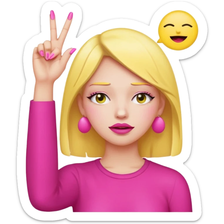 Yellow circle emoji exasperated and drumming fingers up the side of their head the eye is closed it is a side profile pink lipstick and pink nails sticker