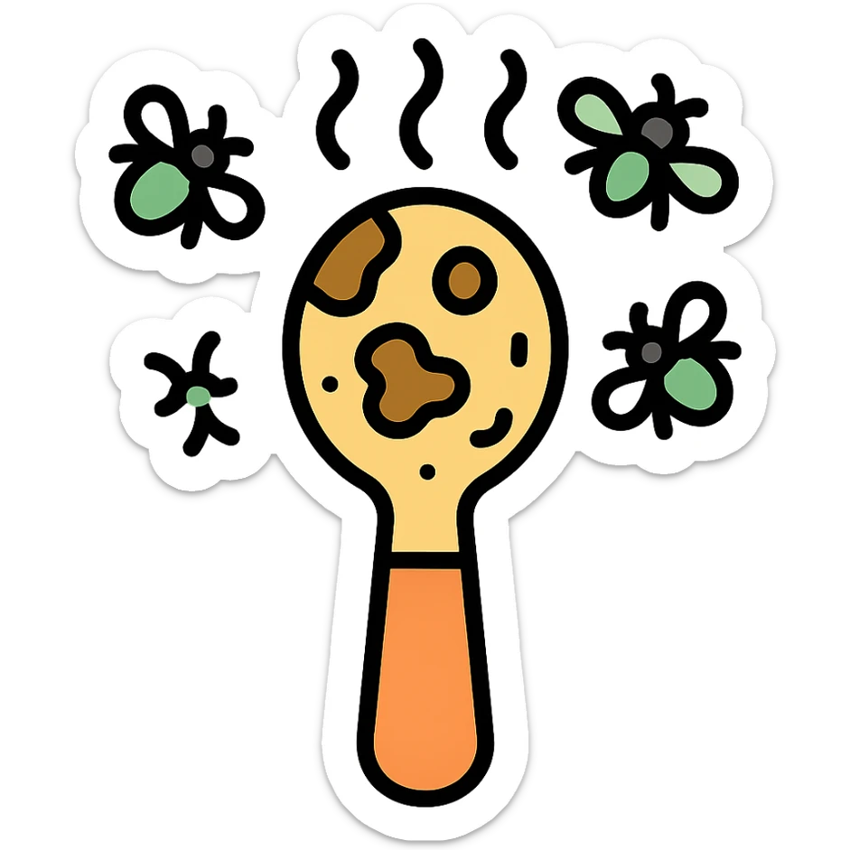 Add flies buzzing around the used spoon covered in grime with cartoonish odor vapors. Keep icon style minimalistic but expressive. Preserve transparent background. sticker