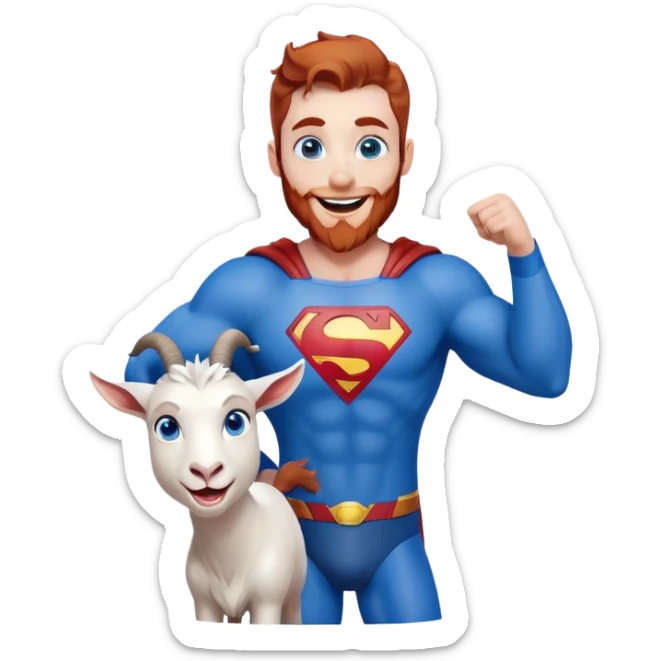 Blue goat whole body pretty smiling excited blue eyes female and white adilt superman with reddish hair and beard with blue eyes sticker