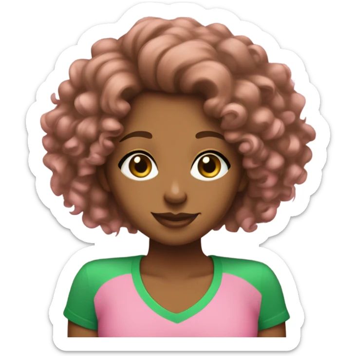 Brown girl with curly hair wearing pink t shirt with green letters that read “AKA”   sticker