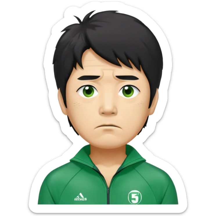 Seong Gi-hun : age 60, A tall, slim man with messy, unkempt black hair and tired eyes, showing signs of stress, Green player tracksuit,  sticker