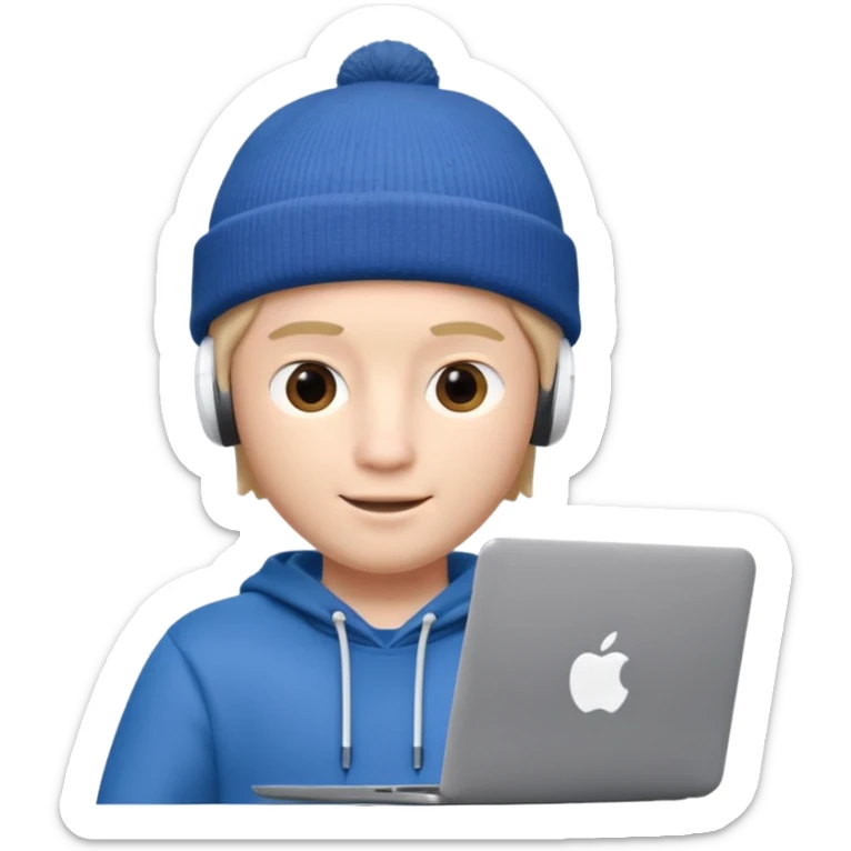 Apple Memoji–style 3D avatar of a young male with a beanie and AirPods, using a laptop, soft lighting, white background. sticker