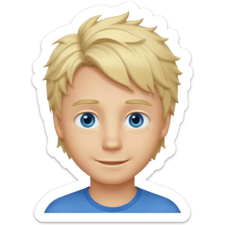 Emoji chlopak z blond włosami które będą rozsztrzepane i niebieskimi oczami uśmiechając się i większe wlosy sticker