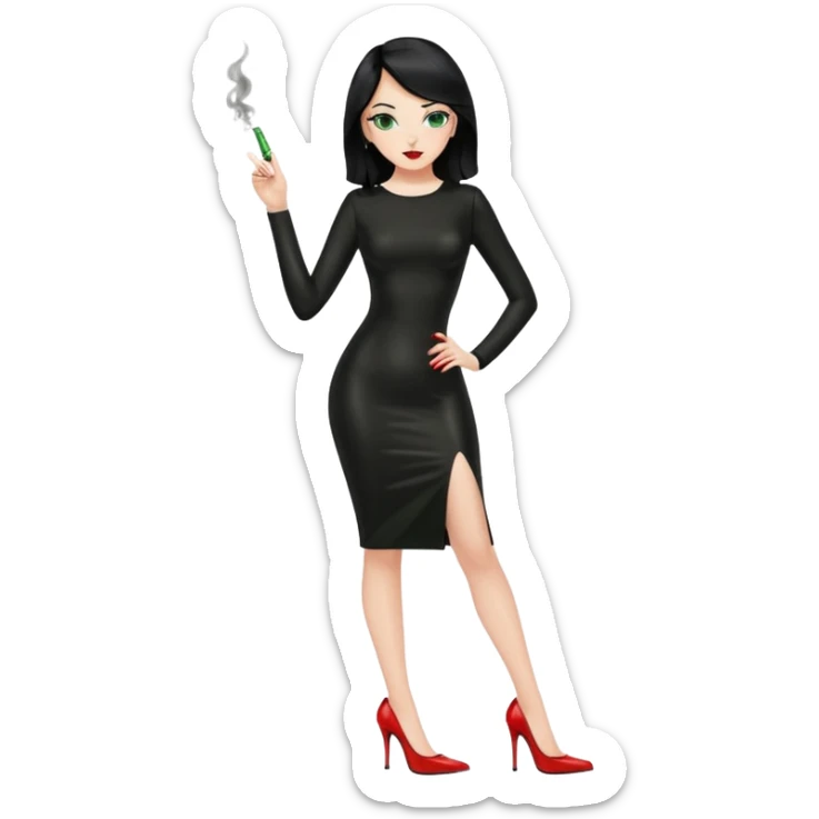 🕵🏻‍♀️💦🧥 black hair , green eyes , full body , red high heels , black latex dress , 🖕🏻🚬 sticker