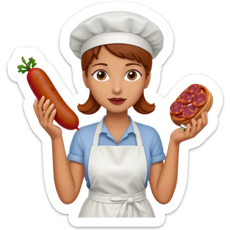 Charcuteraa con un chorizo y embutido en la mano con una redecilla en el pelo y delantal blanco sticker