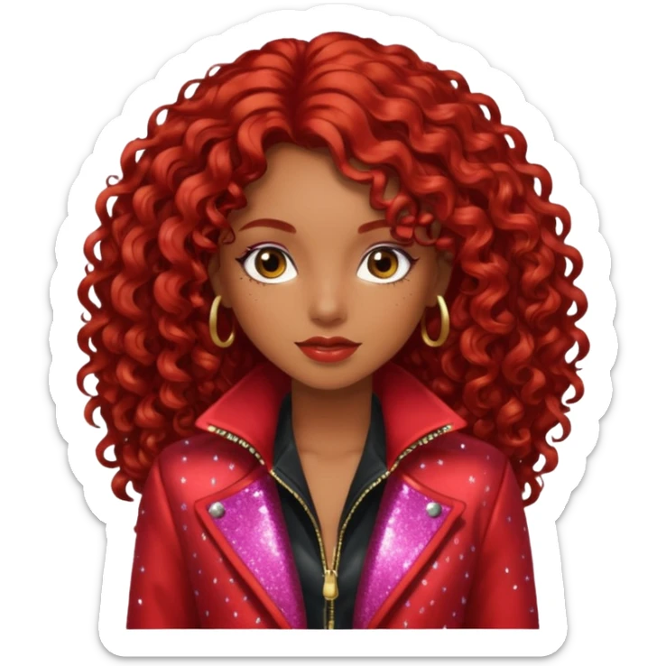 Sexyy red brown skin girl with red hair  long curly with glitter red jacket  sticker