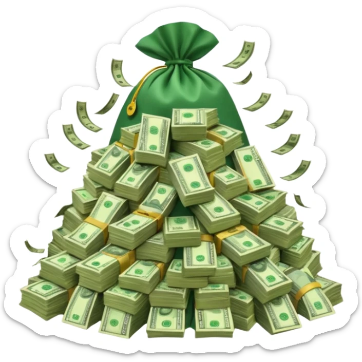 mountain of cash, with bags of money sticker