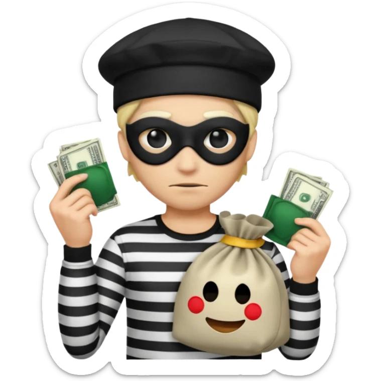 Realistic ios emoji-style portrait of a classic burglar, a black eye mask and a black-and-white striped shirt. emoji-like hair, black hat, a bag of money 💰 with a dollar sign in a right corner, evil expression  sticker