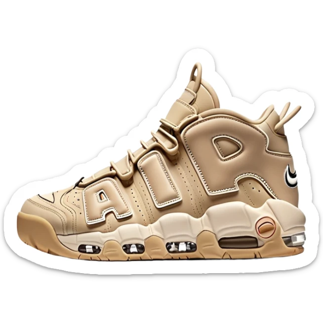 Beige Nike Air More Uptempo sneakers with large AIR letters on the sides, with one sneaker positioned slightly behind the other sticker