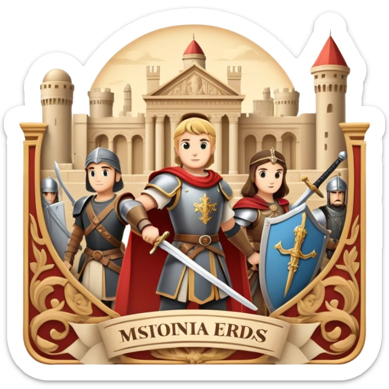 Icon for Historical Movies: A vintage movie poster-style design with elements of ancient architecture, historical figures in period costumes, and a backdrop of a historical event or battle. Include scrolls, swords, and shields. Retro cinematic feel. Transparent background. sticker