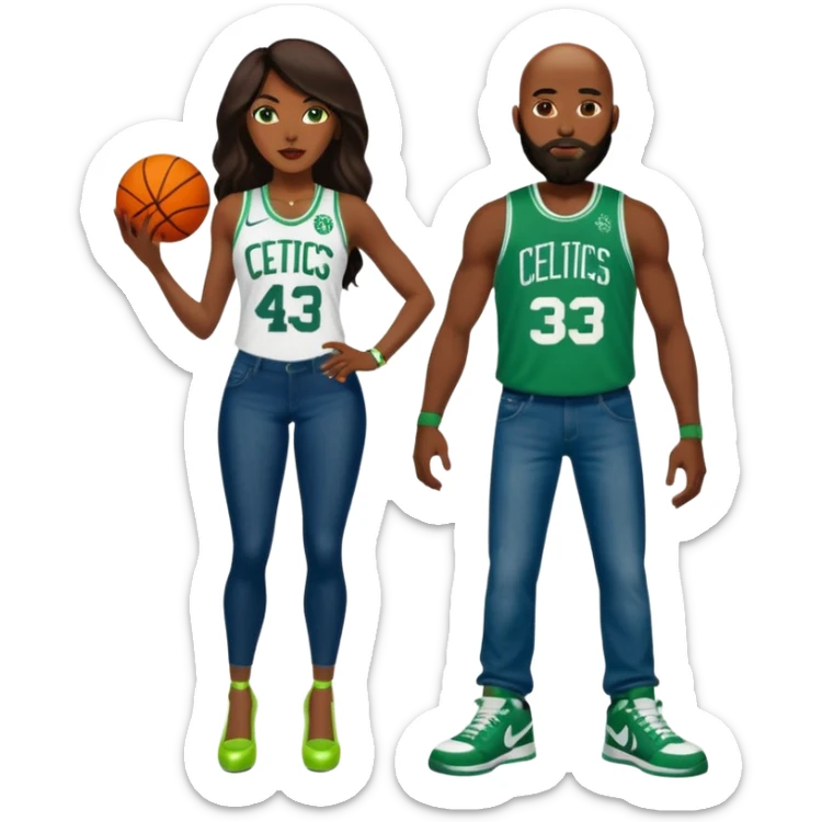 48-year-old dark skin black woman with brown eyes, long dark brown hair dressed in sexy 
celtics jersey costume outfit wearing stilettos. A bald white man with orange beard and has blue/green  eyes, wearing a Jason Tatum Boston Celtics Jersey, jeans & green Nike sneakers  sticker
