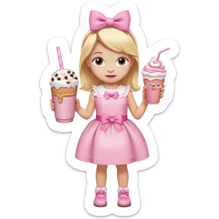 A little girl with a Dunkin' milkshake and a donut with pink frosting and marshmallows, wearing a pink coquette-style dress with bows and blonde hair. sticker