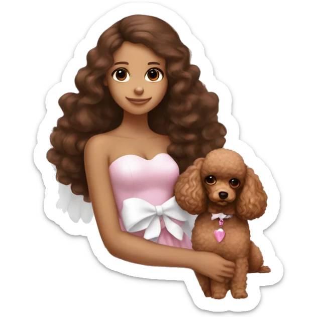 Brunette girl with long brown blowout hair and brown eyes, with large angel wings and a white bow in a strapless dress , holding a toy brown poodle with a pink bow sticker