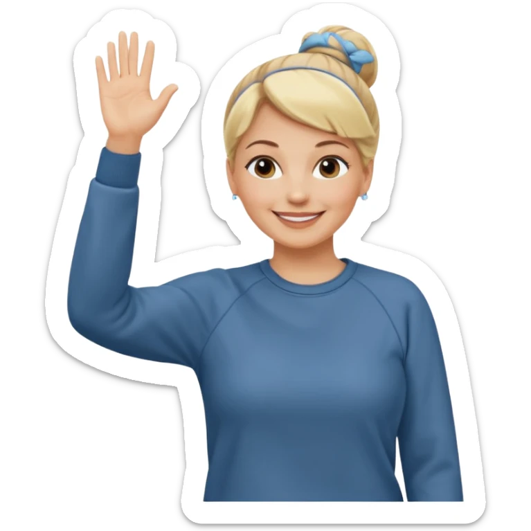 50 year old blonde woman with bun in casual clothes and sweat shirt waving sticker