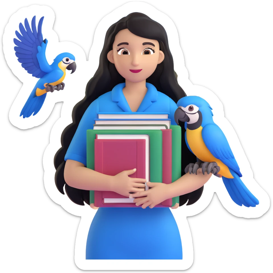 woman with long black hair and light brown skin, holding a stack of books in her arms, blue macaws flying around her, face as the focal point, with the arches of Atalaia Beach subtly in the background sticker