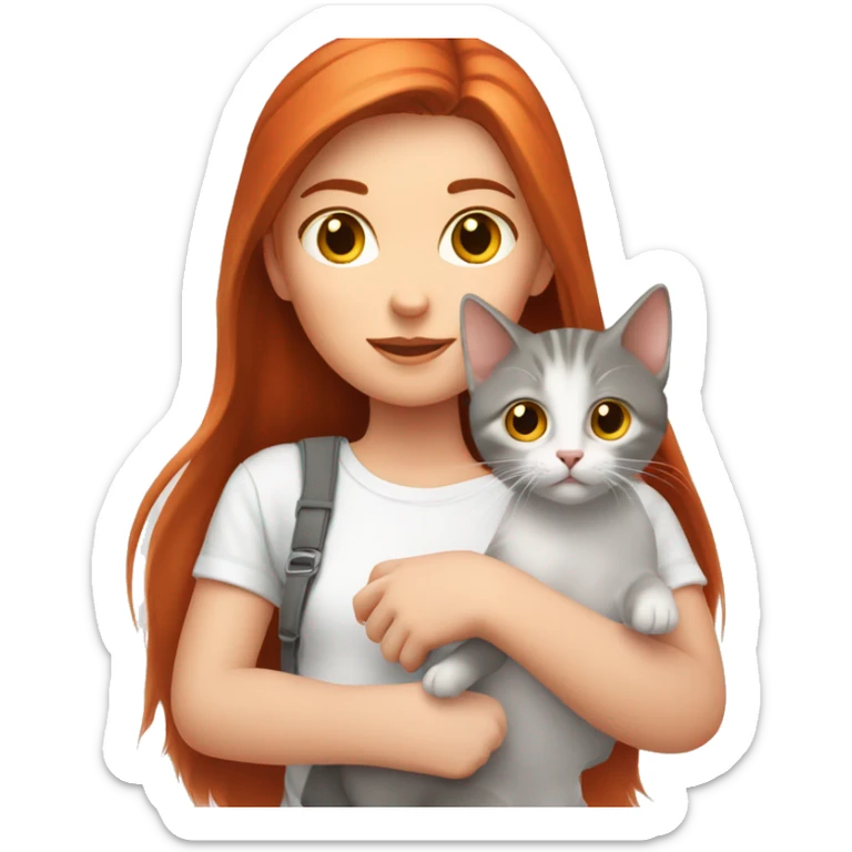 A red-haired girl in a white T-shirt is holding a gray kitten in her hands sticker