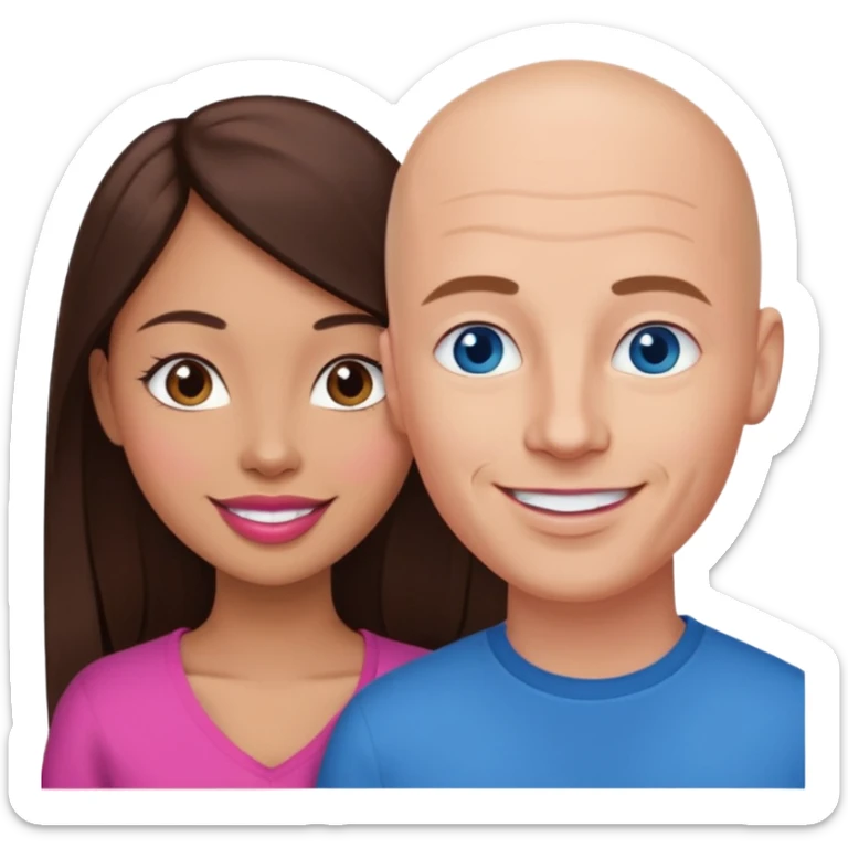 Bald white man blue eyes in love with Filipina woman with long hair dark brown eyes and pink lips smiling sticker