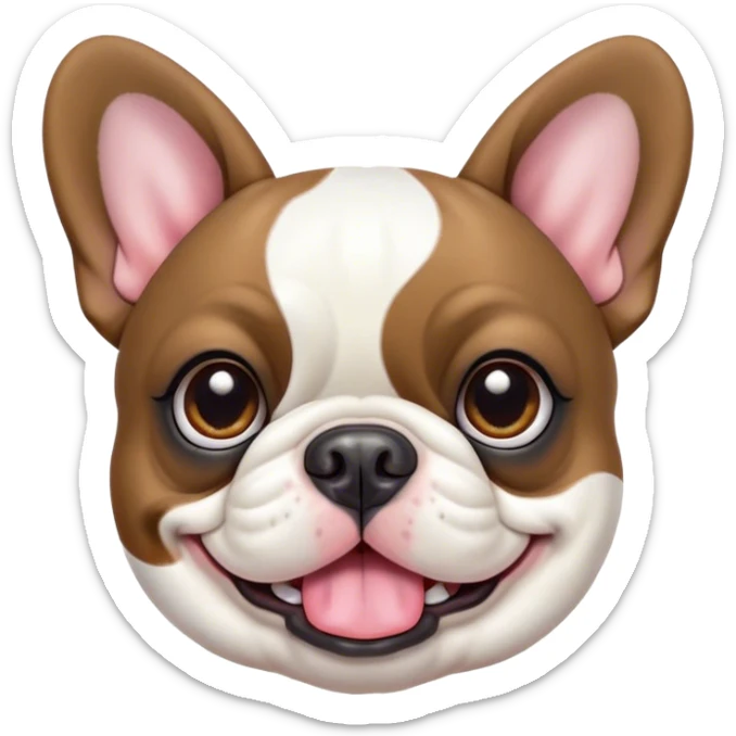 Cinematic Cute Pied French Bulldog Portrait Emoji, Head tilted with a sweet, mischievous grin and large, inviting eyes, featuring a unique pied fur of contrasting colors, simplified yet irresistibly endearing, highly detailed, glowing with a warm, playful radiance, high shine, exuding a quirky charm and affectionate personality, styled with a soft, lighthearted outline, capturing the essence of a cute Pied French Bulldog that looks ready to charm its way into your heart! sticker