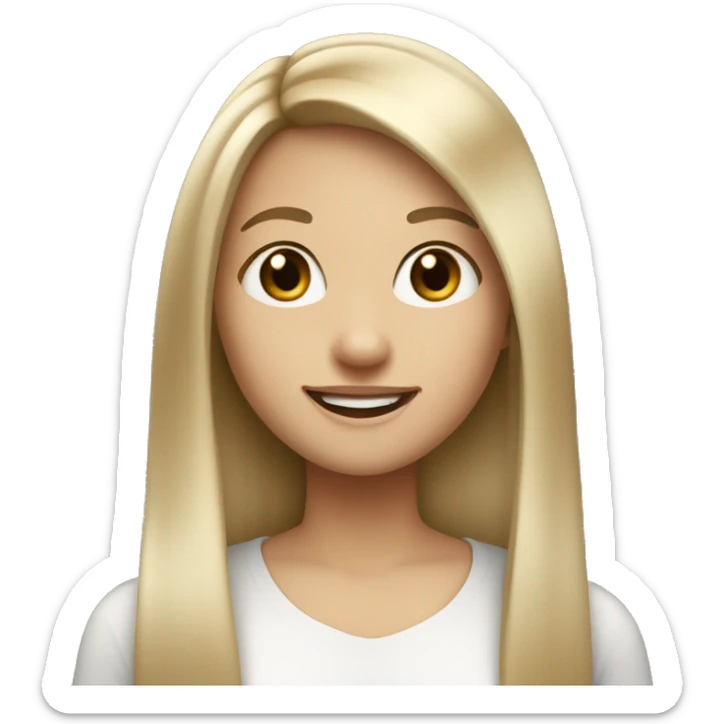 A girl with straight long hair , Ash Blonde hair styled in a bang. Fair skin. Dark brown eyes. Smiling naturally. sticker