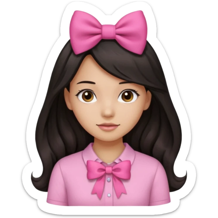 Pretty girl with long black straight kinda wavy hair with pink bow,pink shirt,and light brown skin color sticker