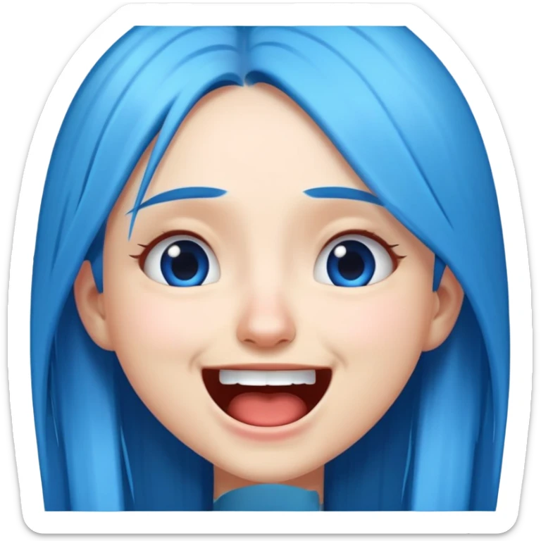 Girl with straight, long, blue hair and making the cry laughing emoji face sticker