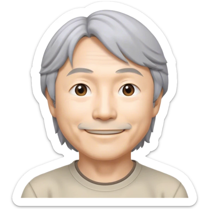 ​Cinematic Realistic Portrait of a Smiling Shigeru Miyamoto, depicted with warm, approachable features, gentle grey-tinted hair, and kind, expressive eyes, set against a subtle backdrop hinting at iconic video game imagery, rendered with lifelike textures and soft, inviting lighting that captures his innovative spirit, sticker