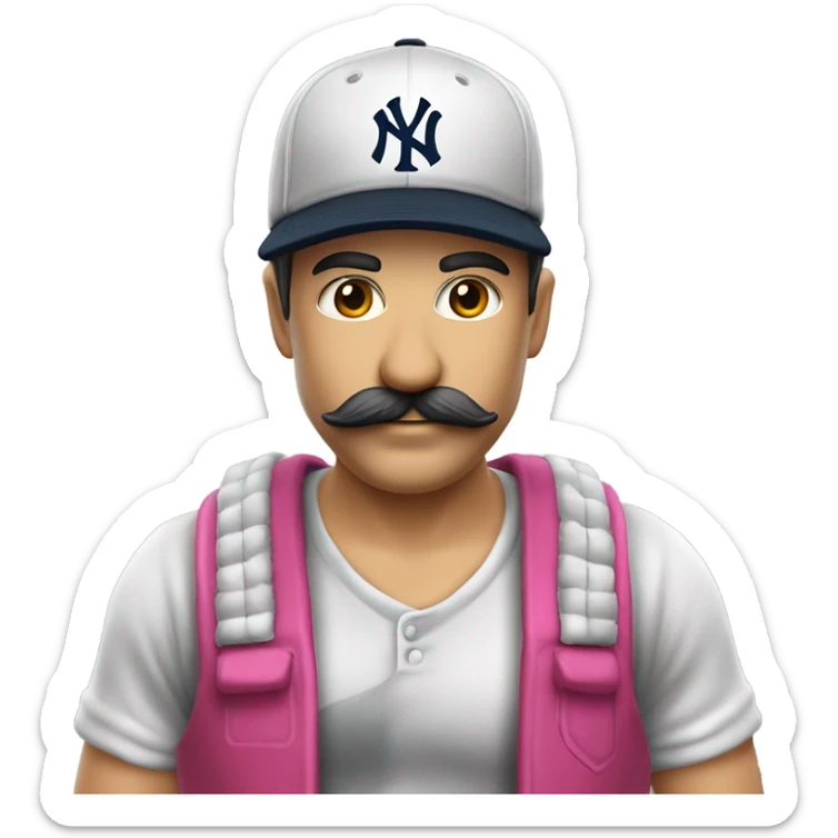 Homme blanc / viril / cheveux courts noir / moustache / casquette noir yankees noir / avec une bière / t-shirt rose sticker