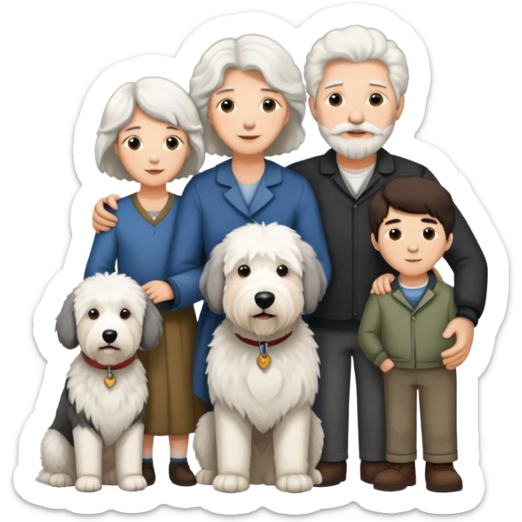 A family with mom, dad, three sons, and an Old English Sheepdog sticker