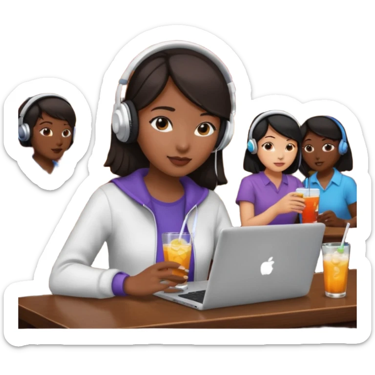 An Asian girl at a dark crowded bar with a laptop and headphones on holding a drink  sticker