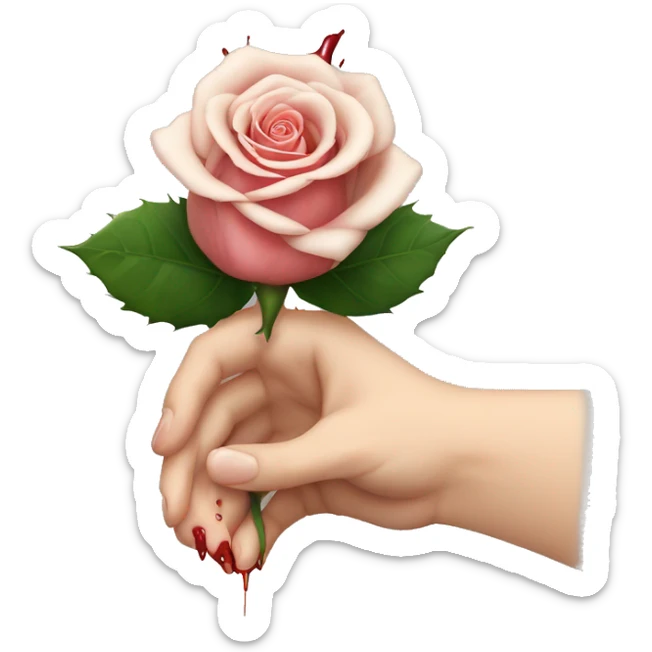An image of a hand holding a rose, with a thorn piercing the skin, showing a small drop of blood sticker