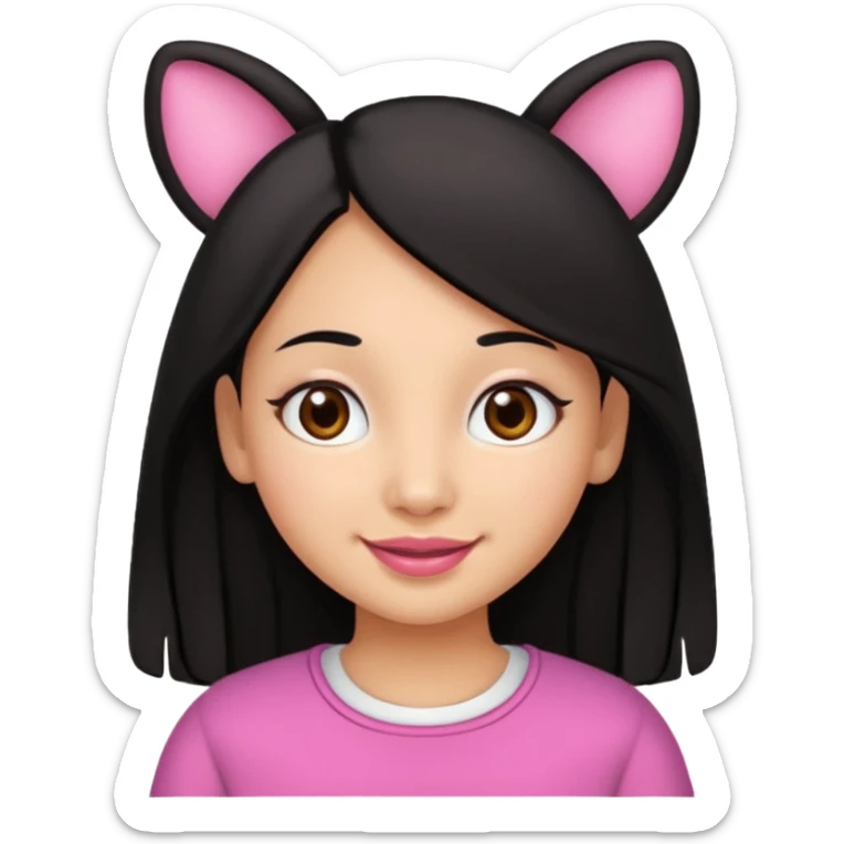 Gordita, ojos pequeños de color cafe oscuro, labios pequeños y rosados, piel trigueña, orejas pequeñas, cabello largo lazio y negro. sticker