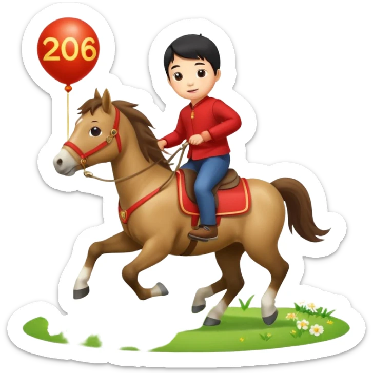 l little chinese boy riding on a  cute horse running on the grass with 2026 year label sticker
