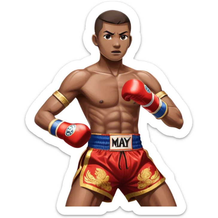 Muay Thai traditional – Cinematic Realistic Traditional Muay Thai Fighter, depicted in authentic Muay Thai attire with arm bands and shorts, poised in a dynamic fighting stance in a traditional Thai stadium, rendered with vivid textures and dramatic, high-contrast lighting that accentuates the art’s intensity. sticker