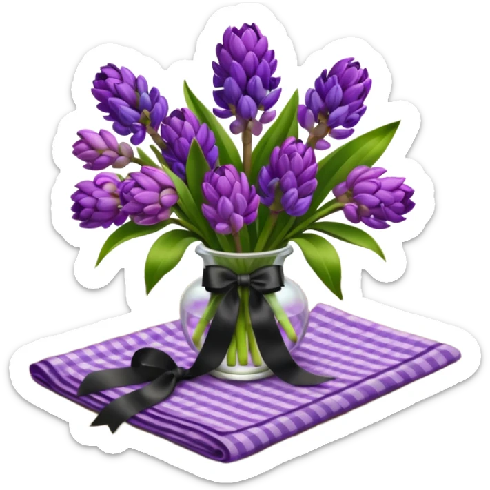 A lush bouquet of bright prple color Hyacinths black satin ribbon, resting on an antique wooden table, with a pale yellow and pink plaid pattern table cloth sticker