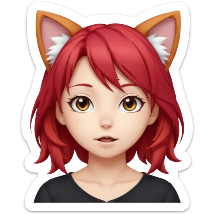 cute anime girl with cat ears, red blowing hair sticker