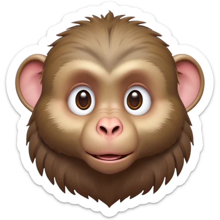 Cinematic Cute Baboon Portrait Emoji, Head tilted playfully and inquisitively, featuring a vibrant Fur of earthy browns with expressive, round, sparkling eyes filled with curiosity, Simplified yet irresistibly adorable features, highly detailed, glowing with a warm, friendly glow, high shine, affectionate and spirited, stylized with a touch of urban whimsy, bright and endearing, soft glowing outline, capturing the essence of a mischievous yet loving baboon, so playful it feels like it could leap out of the screen and into your arms! sticker