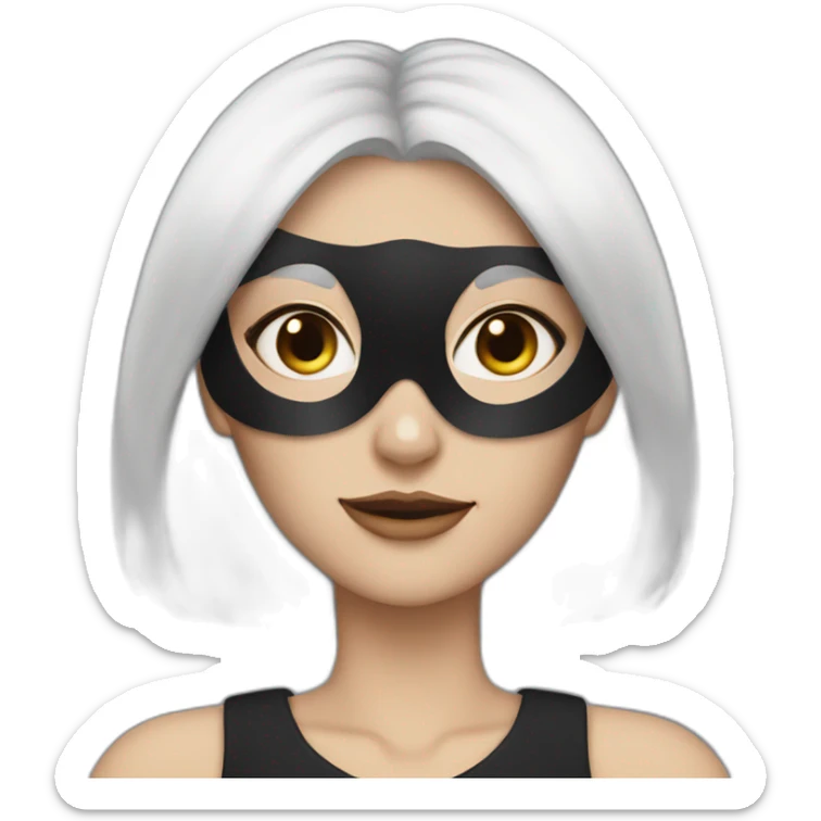 A woman with white hair and cat ears and a black mask around her eyes has white skin  sticker