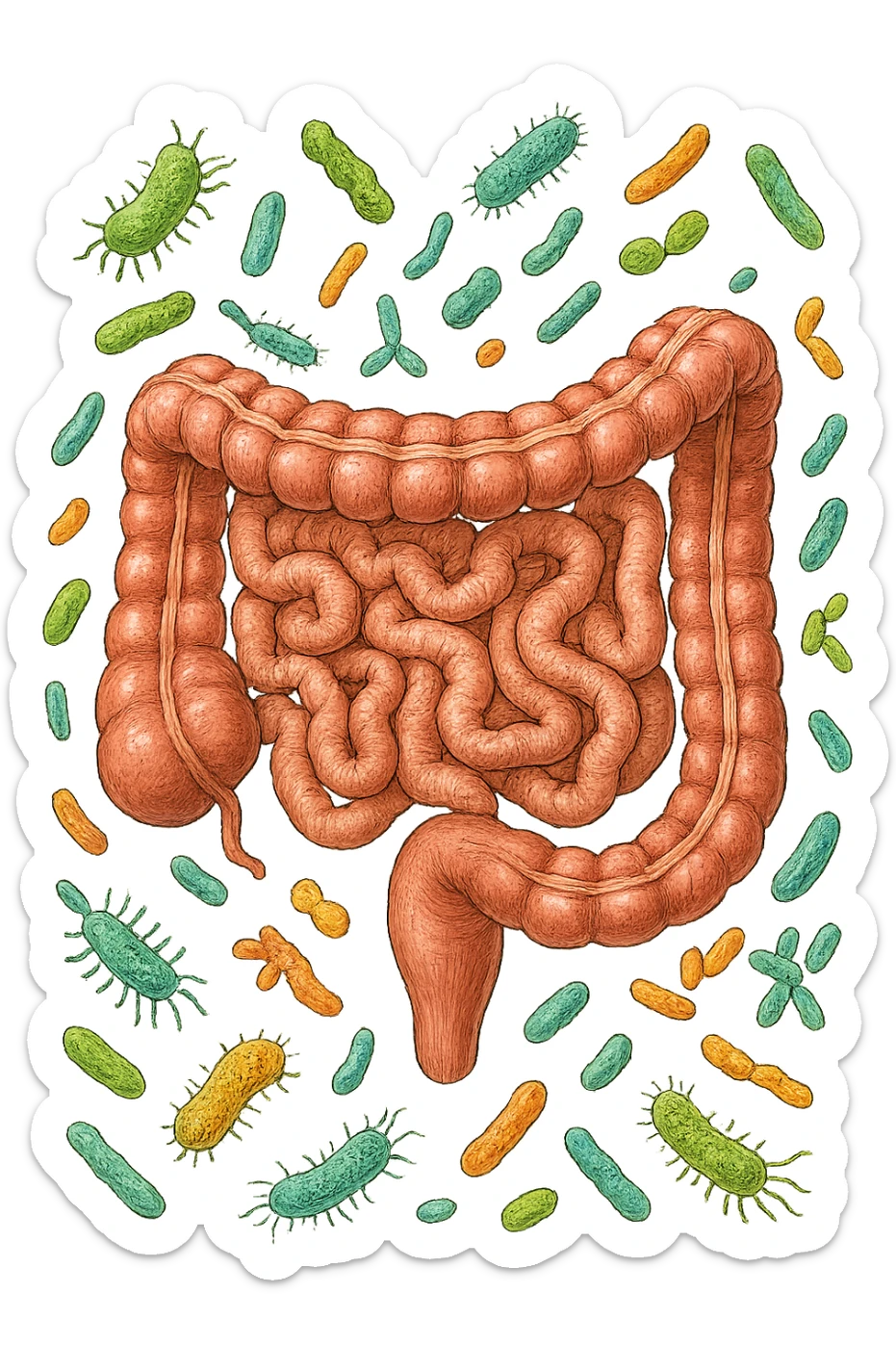 intestino umano anatomico con batteri intestinali che gli fluttuano intorno sticker