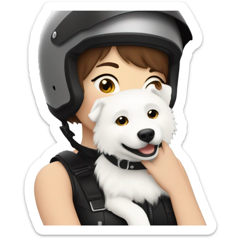 Girl biker white skin and brown short hair with a agv black helmet hugging a white Samoyed sticker
